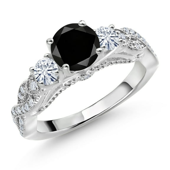 Gem Stone King 925 Sterling Silver Black Diamond and White Moissanite Engagement Ring for Women (1.52 Cttw, Gemstone April Birthstone, Round 6MM and 3MM, Size 7)