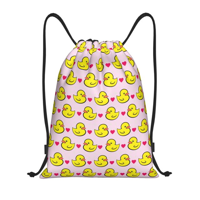 Xecao Ducks And Pink Heart Pattern Sports Drawstring Backpack - String Swim Gym Bag with Wet Proof Pocket for Women&Men-Small