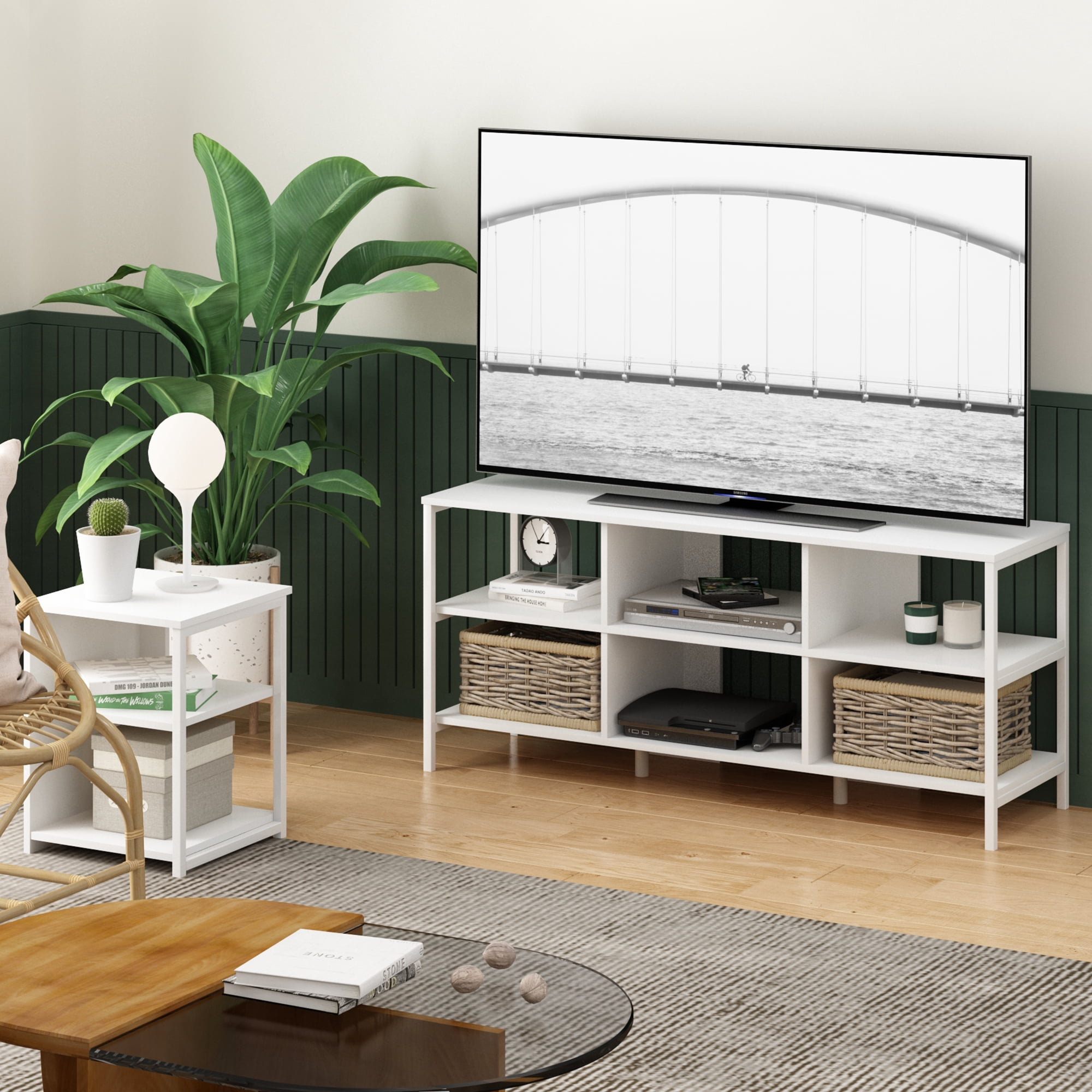 Furinno Camnus Modern Living TV Stand for TVs up to 60 Inch, Solid White/White