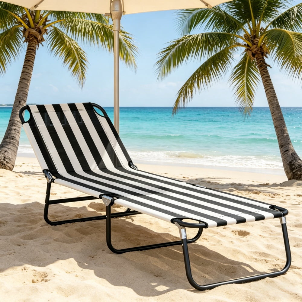Outdoor Sun Lounger, Foldable Tanning Chair with 5-Position Reclining Backrest, Quick-Dry Oxford Fabric, Powder-Coated Steel Frame, No Assembly Required