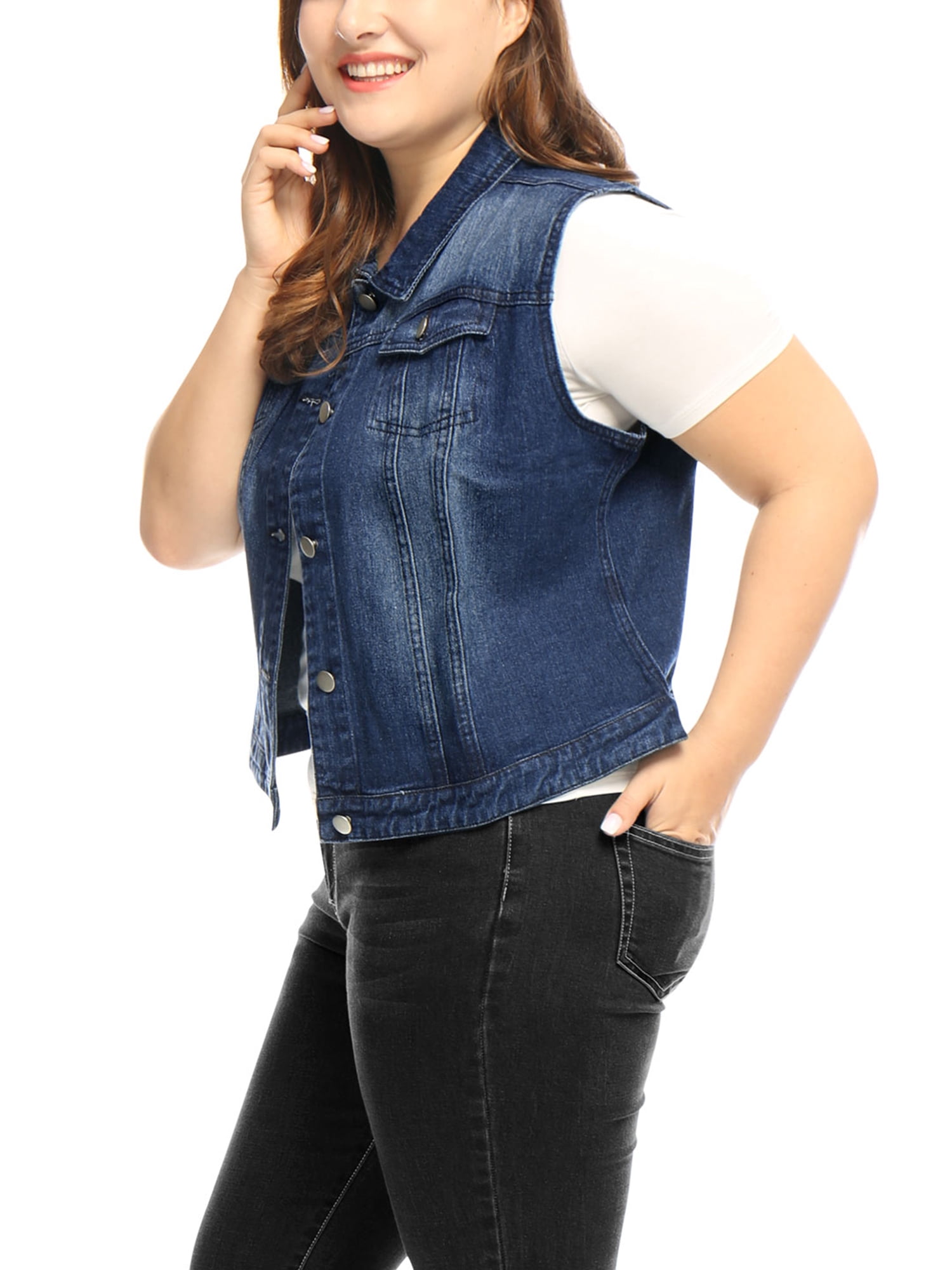 Unique Bargains Women's Plus Size Chest Pockets Single Breasted Denim Sleeveless Jacket