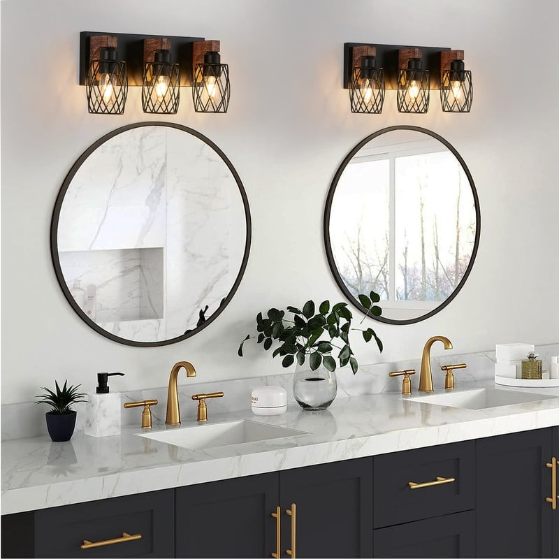 18" Industrial 3-Light Bathroom Vanity Light Fixture, Black Cage Wall Sconce with Wood Accents, Bathroom Light Fixtures Over Mirror, E26 Base, Bulbs Not Included