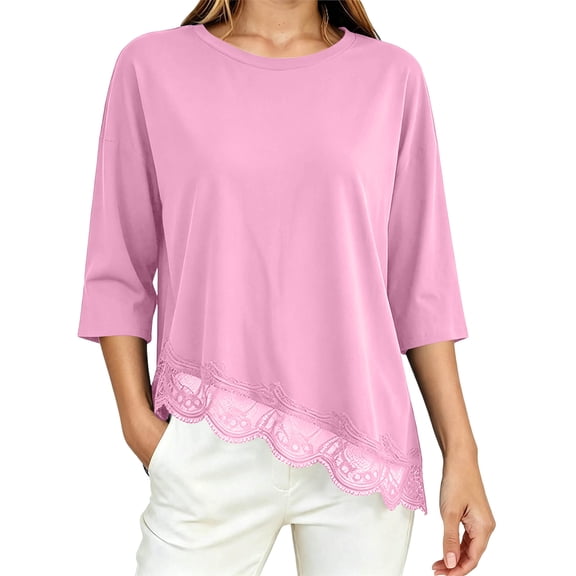 Zorckvet Women's T-Shirt - Lace Trim, 3/4 Sleeve & Crew Neck