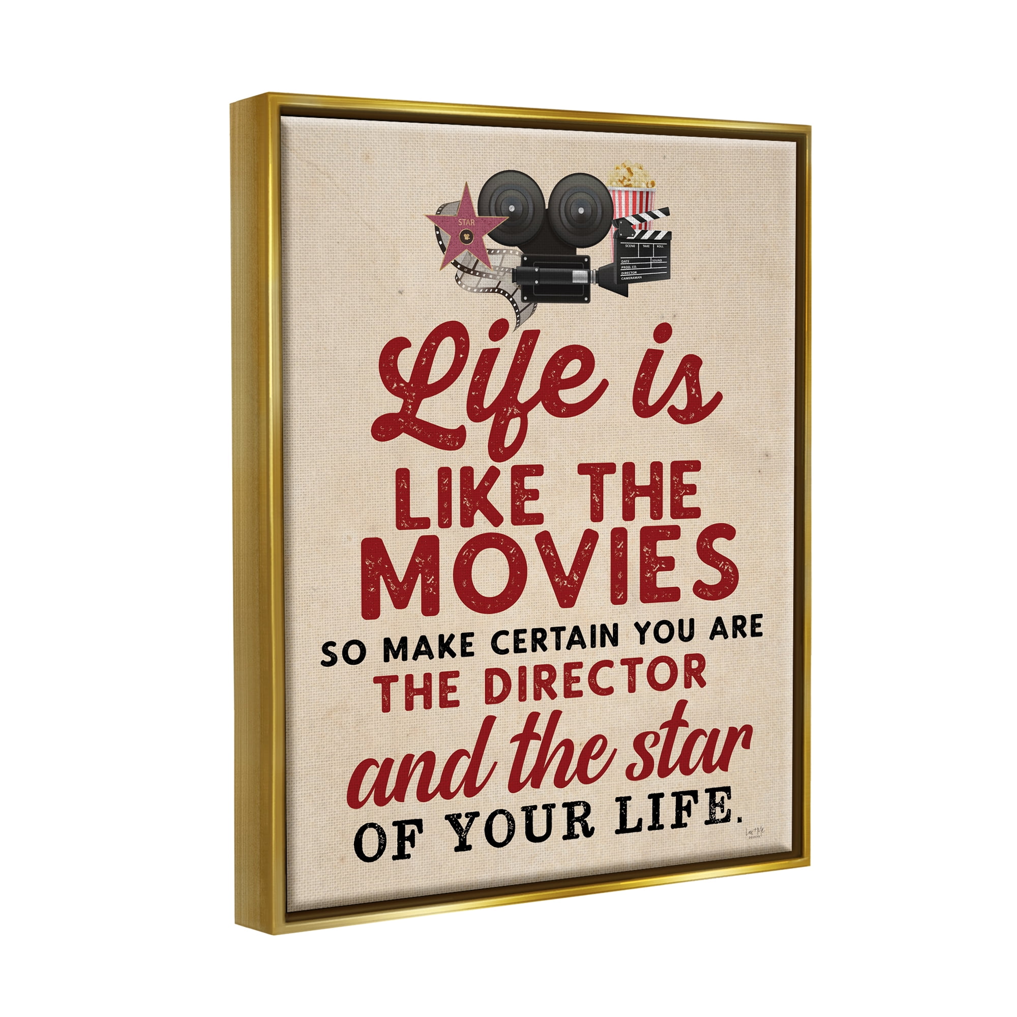 Stupell Industries Life is Like Movies Vintage Inspirational Painting Gold Floater Framed Art Print Wall Art, 17 x 21