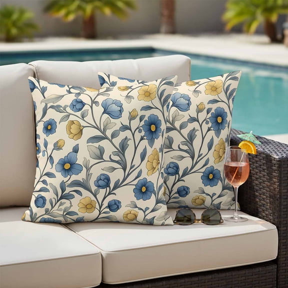 Vintage Blue Yellow Outdoor Pillow Covers 20x20 Inch Throw Pillow Covers Set of 2 Waterproof Decorative Pillow Cases Spring Enchanted Garden Florals Cushion Covers for Patio Furniture Garden Couch