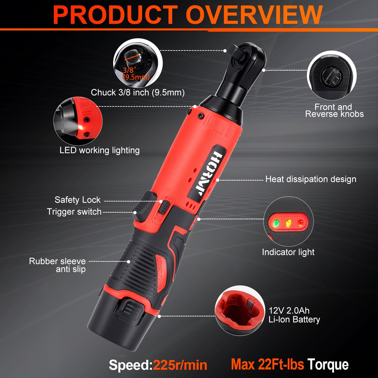 TJT 12V Electric Cordless Ratchet 3/8" Right Angle Wrench Impact Power Tool with 2Pcs 2Ah Battery