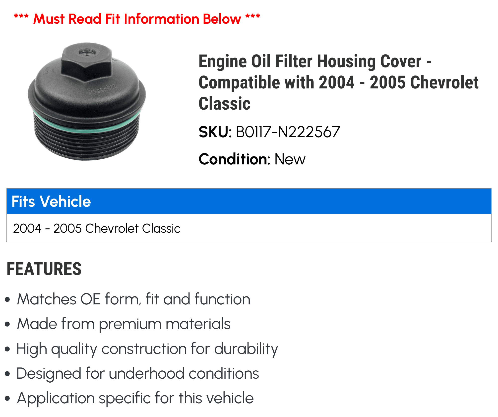 Engine Oil Filter Housing Cover - Compatible with 2004 - 2005 Chevrolet Classic - Beck Arnley
