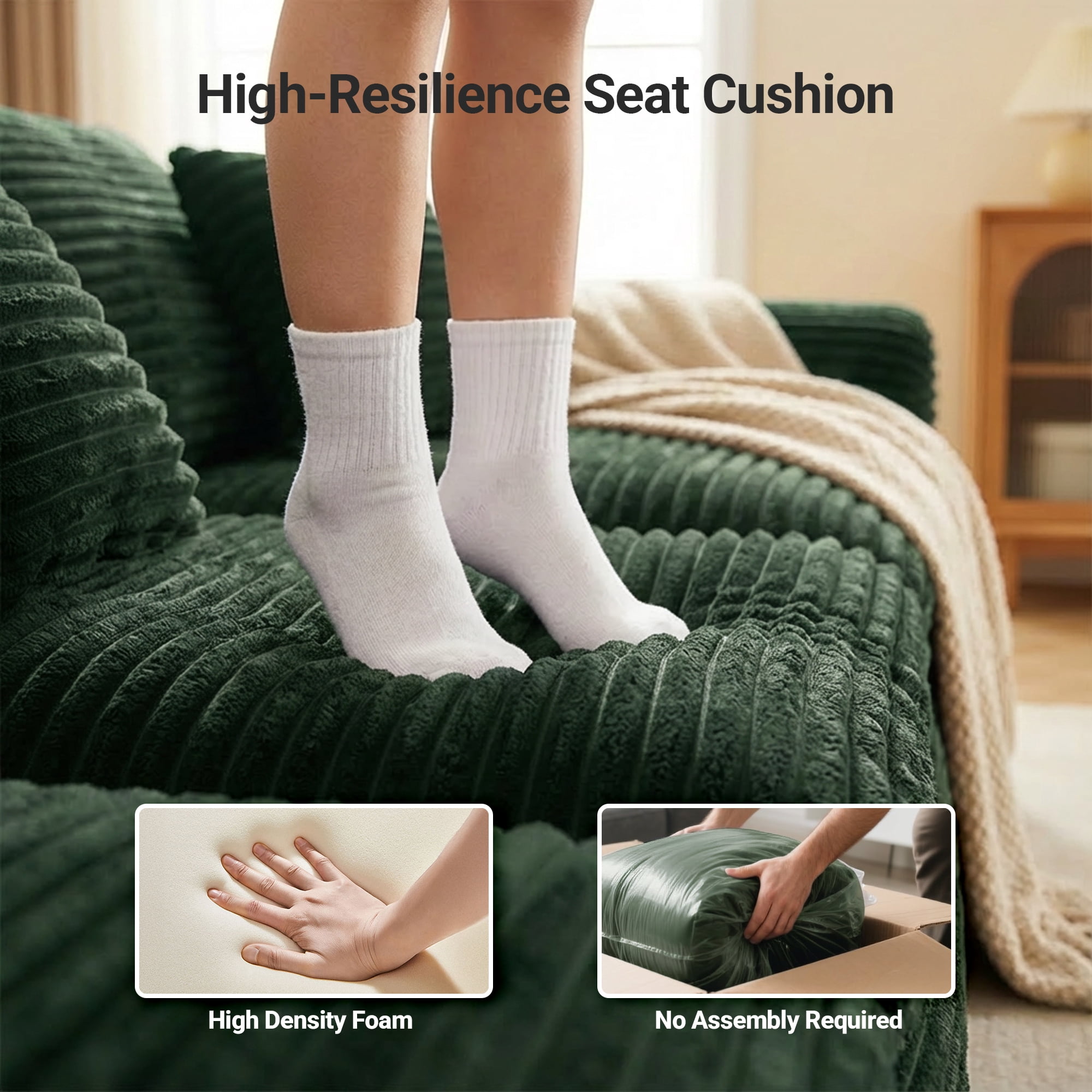 CARZZI 108'' Modular Sectional L-Shaped with Chair,Deep Seat Boneless Corner Couch for Living Room,Plush Corduroy Couch with Detachable Sofa Set,No Assembly(Left Facing Chaise，Green)