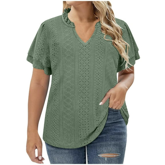 ALLLIST Womens Tops Under $10 Green Hollow V-Neck Short Sleeve Lace Solid T-Shirts Womens Shirts Under $5 XXL