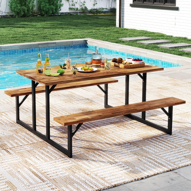 Costway 6-Person Acacia Wood Picnic Table with 2 Built-In Benches