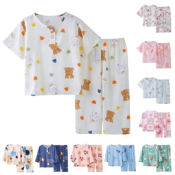 Bovxnpu Girls' Pajama Sets 2 Piece Lounge Sets Summer Short Sleeve Graphic Crew Neck T-shirt and Pant Set Unisex Loungewear Summer 2 Piece Outfits