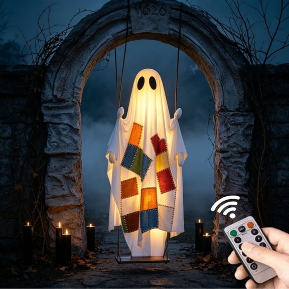 Cififendec Halloween Patchwork Ghost Swing Hanging Decor, 70.87"×15.75", Remote Control Lighted Ghost Ornament for Spooky Yard Arch Front Porch Spooky Outdoor Decor
