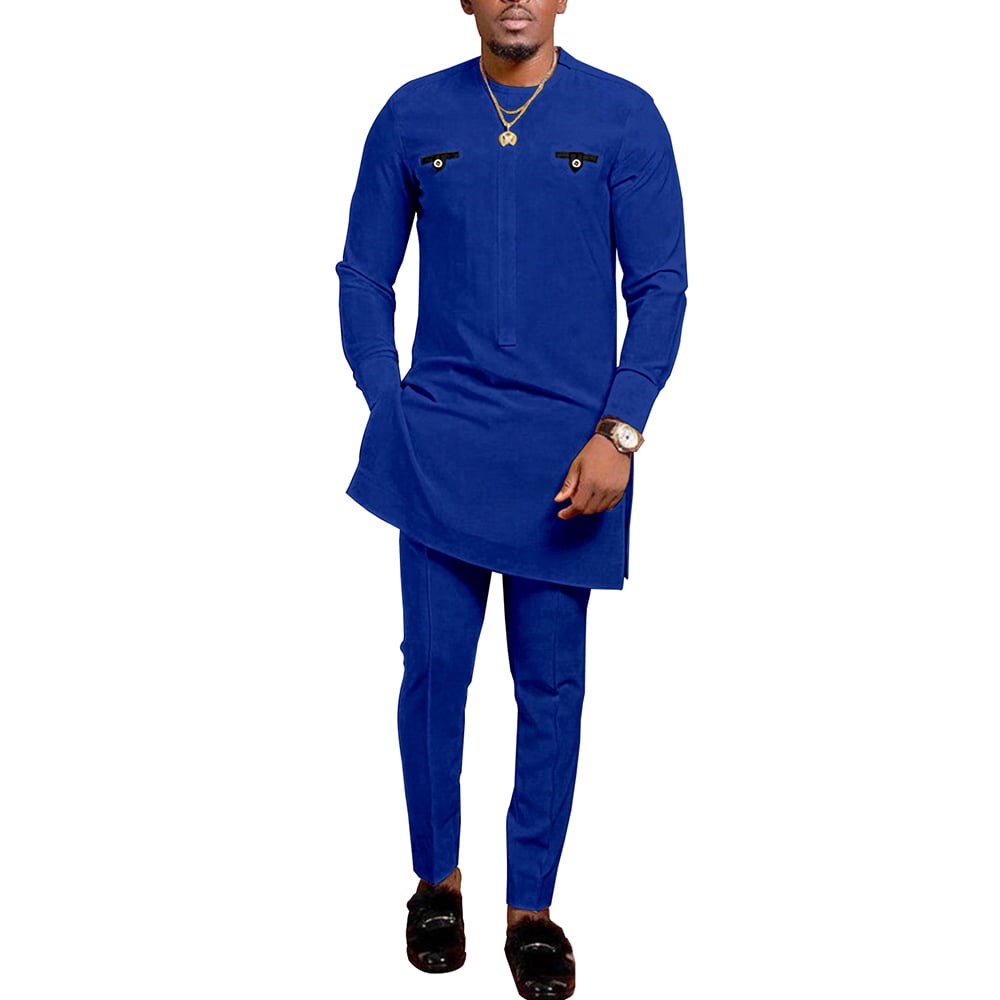 African Suits for Men Modern Dashiki Outfit 2 Piece Set Fashion Slim Fit Top Pants Attire