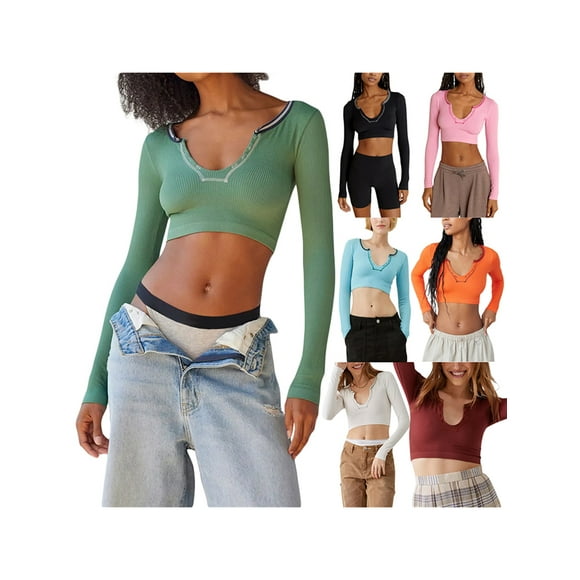 Women Ribbed Knit Long Sleeve Tight Crop Top Spring Casual V Neck Pullover Button Tee Shirt Streetwear