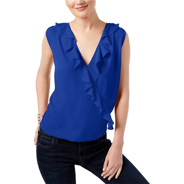INC Blusa de punto con volantes para mujer, azul, extragrande