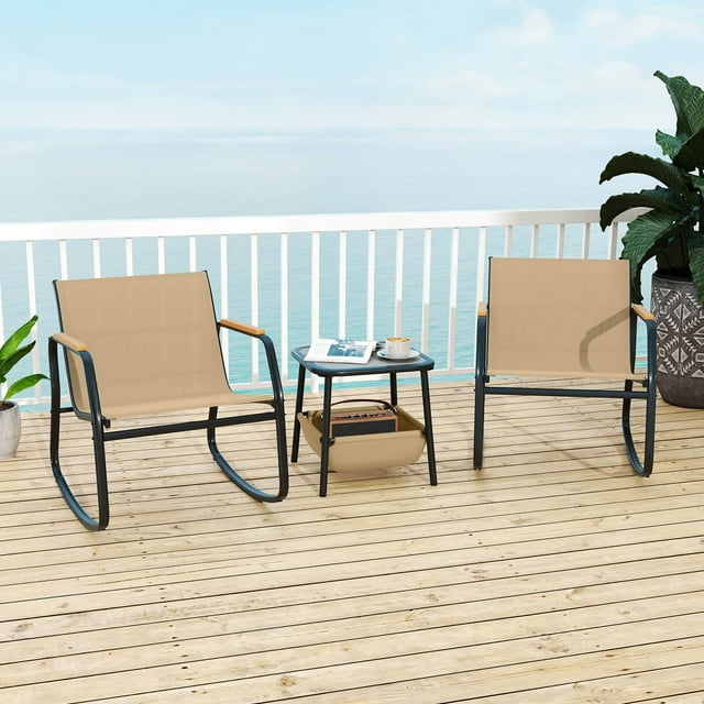 Costway Ensemble Bistro à Bascule 3 Pcs avec Sac de Rangement Accoudoirs PS et Dessus de Table Cadre en Métal Brun