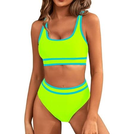 SKSloeg Plus Size Swimsuit for Women Bikini Sets High Waisted Two Piece Swimsuits Sporty Color Block Scoop Neck Cheeky High Cut Bathing Suits Fluorescent Green M