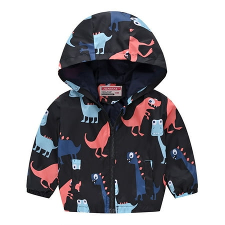 

DNDKILG Children Boy Girls Fall Winter Jacket Toddler Baby Long Sleeve Pockets Hooded Coat Cartoon Print Zip Up Outerwear Black 2Y-6Y