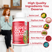 Health Plus Super Colon Cleanse 120 Day Supply of Gentle Gut Cleanse Detox, Psyllium Husk, Probiotics for Constipation Relief & Digestive Support, 480 Capsules