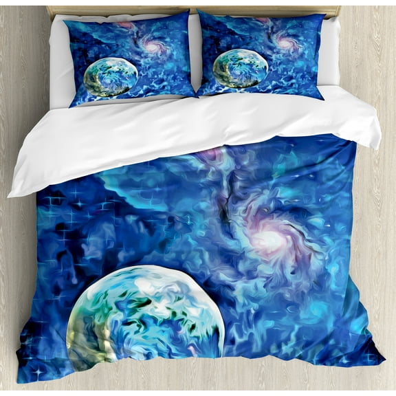 Constellation Duvet Cover Set, Exo Solar Planet Painting Style Vibrant Universe Space, Decorative 3 Piece Bedding Set with 2 Pillow Shams, Queen Size, Turquoise Blue Pale Pink, by Ambesonne