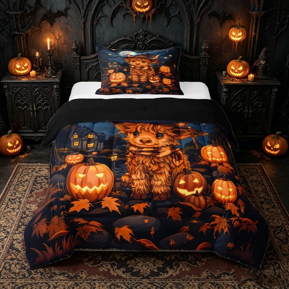 Manfei Cute Highland Cow Print Twin Comforter Sets for Kids, Halloween Pumpkin Witch Hat Art Bedding Set, Black Reversible, 2-Piece, 1 Comforter and 1 Pillowcase