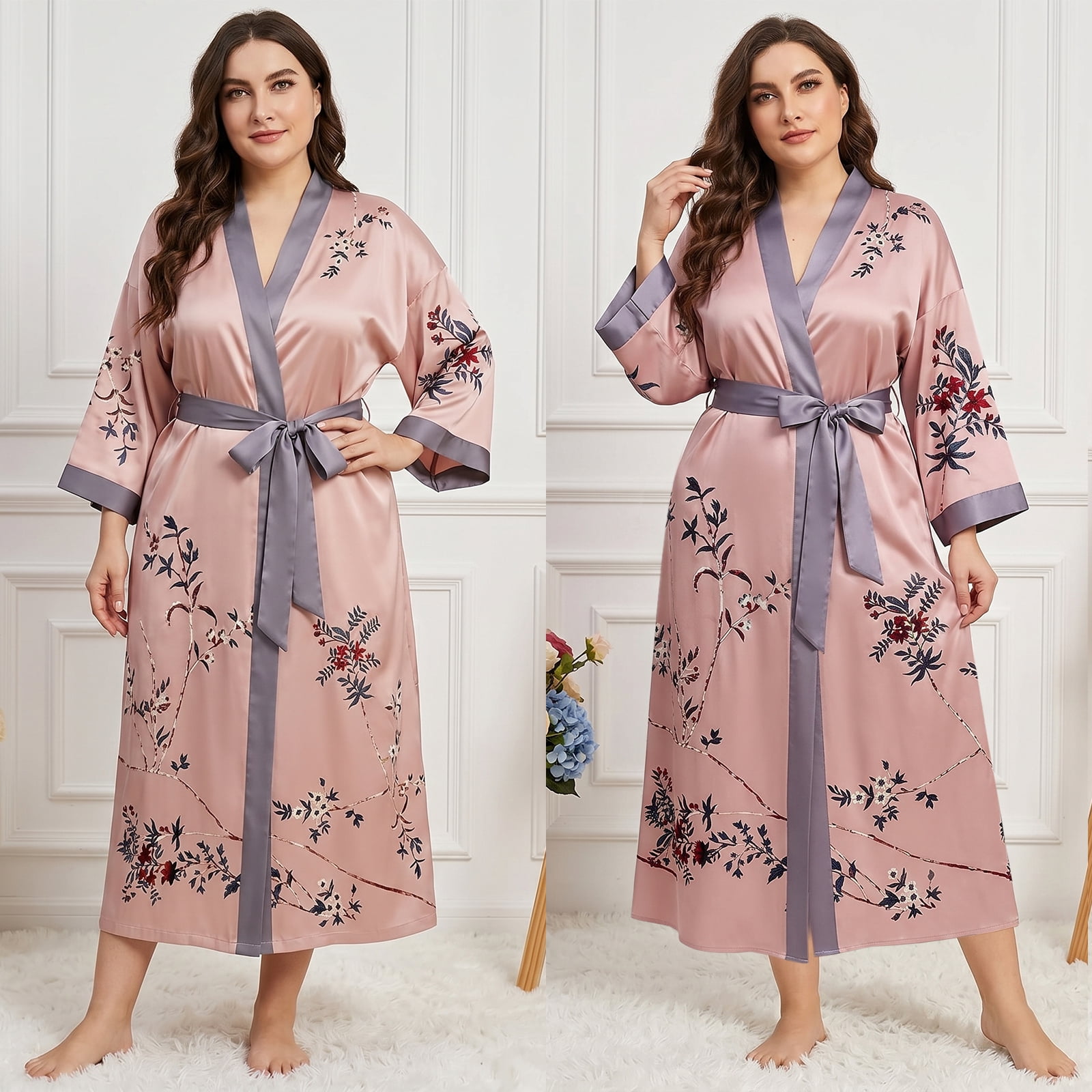 AMITOFO Long Silky Kimono Robes for Women Lightweight Silky Satin Floral Bathrobe Soft Cozy Ladies Housecoat Loungewear