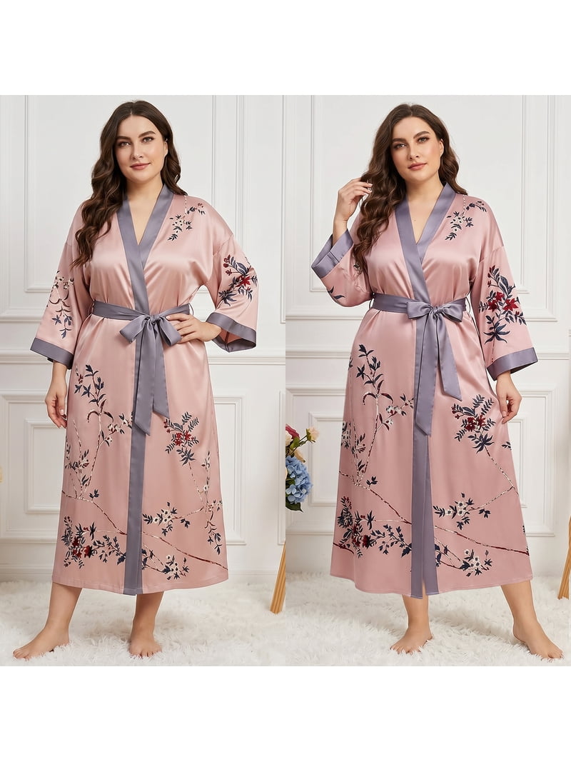 Amitofo Long Silk Kimono Robes for Women Lightweight Silky Satin Floral Bathrobe Soft Cozy Ladies Housecoat Loungewear, Women's, Size: One size, Pink