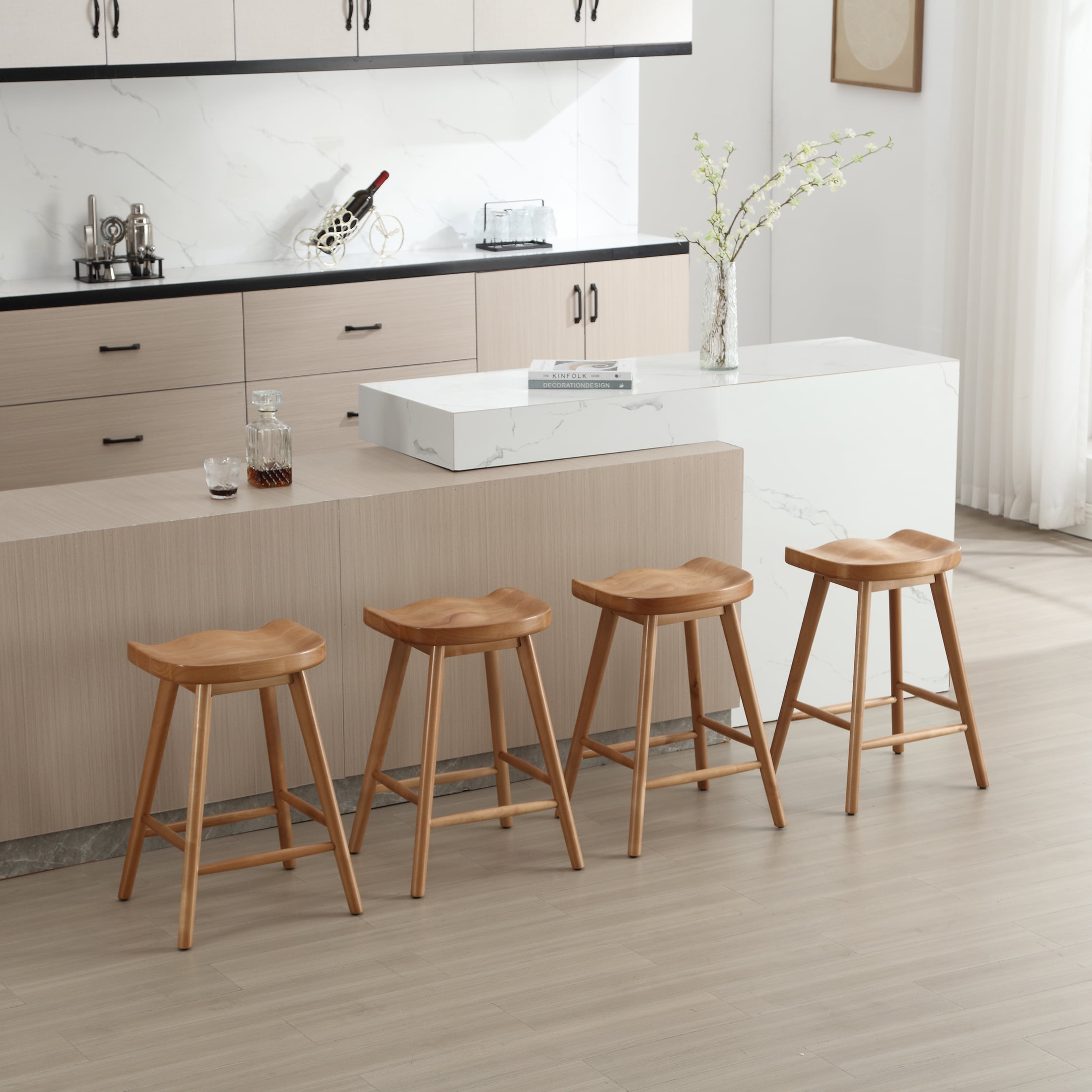 Guyou Backless Counter Stools Set of 2, 24 Inch Rustic Farmhouse Wooden Saddle Stools, Bar Stools for Kitchen Island Bar Bistro, Brown