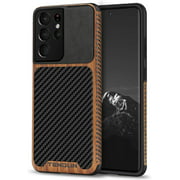 TENDLIN Compatible with Samsung Galaxy S21 Ultra Case Wood Grain with Carbon Fiber Texture Design Leather Hybrid Case