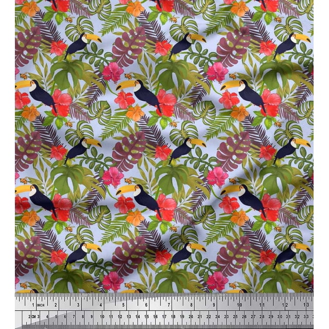 Soimoi Poly Georgette Fabric Tropical Leaves,Floral & Toucan Bird Fabric Prints by Yard 52 Inch Wide