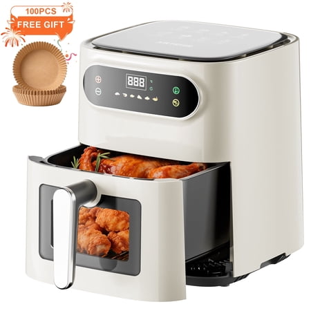 Hicloud 6.5QT Air Fryer, 1600W Multifunction Airfryer with Visible Window, Adjustable Time&Temperature, Nonstick, 85% Less Oil, 100Pcs Liner