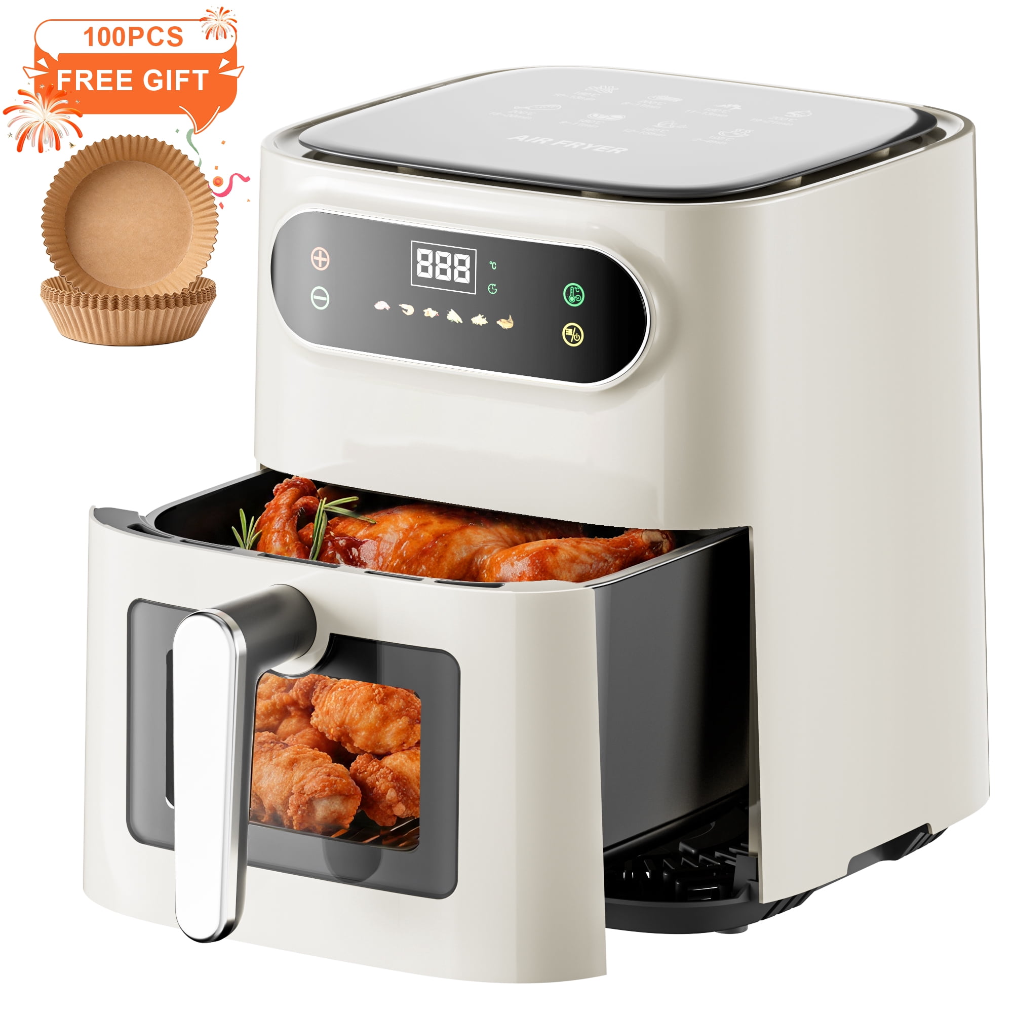 Hicloud 6.5QT Air Fryer, 1600W Multifunction Airfryer with Visible Window, Adjustable Time&Temperature, Nonstick, 85% Less Oil, 100Pcs Liner