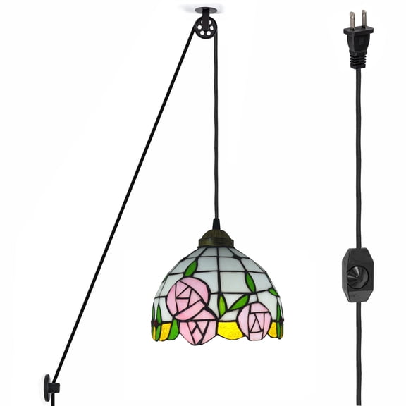 Kiven Plug in Tiffany Pendant Light, Pulley Hanging Light with Iron Lampshade and 15FT Plug-in Cord, Dimmable Ceiling Pendant Light for Bedroom Hallway Foyer Kitchen Island, E26 Base