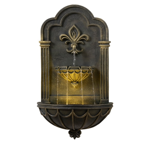 Teamson Home Fleur-de-lis Outdoor Water Fountain–Warm Glow Lighting with Adjustable Flow & Electric Pump, Black & Gold
