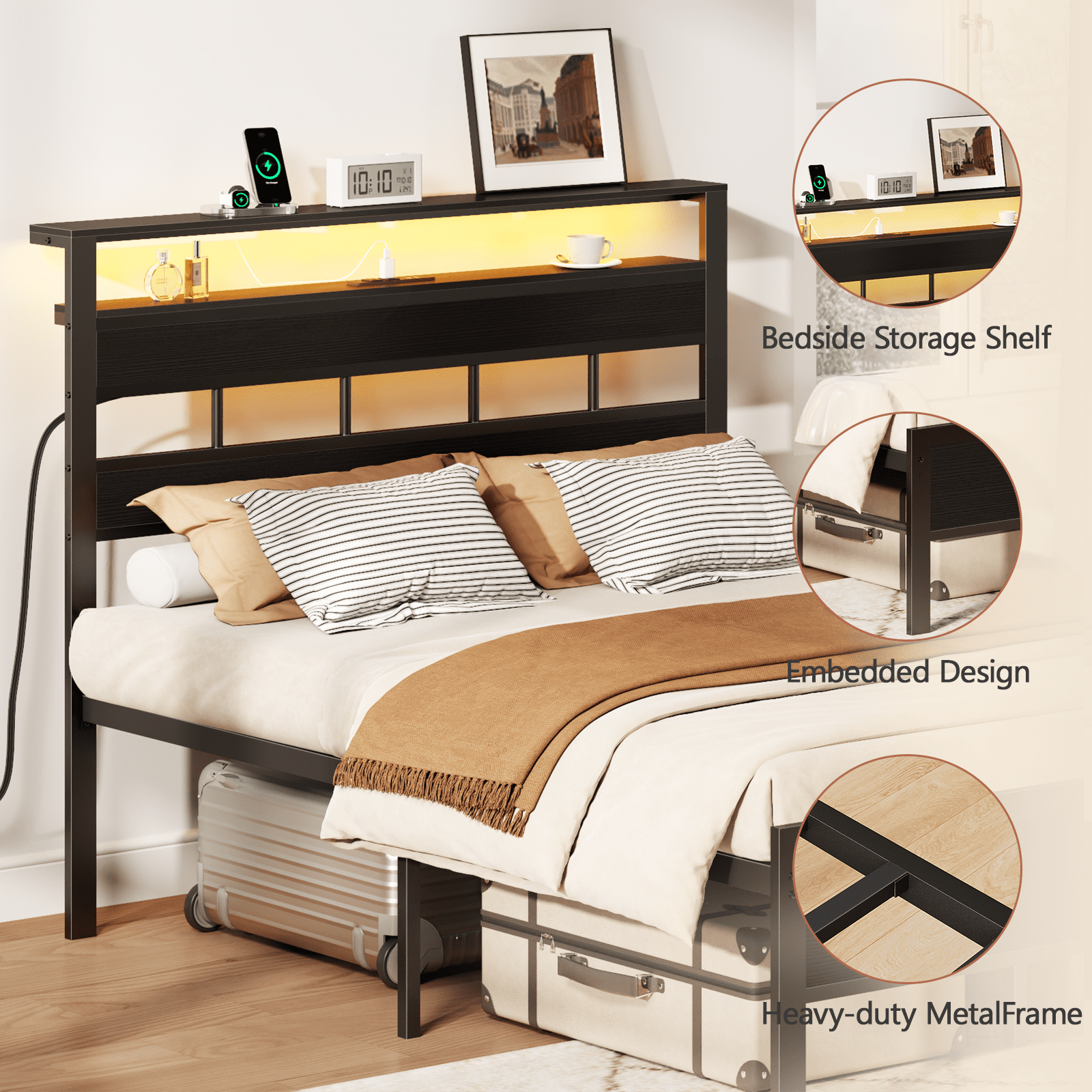 Glozzt Full Size Bed Frame with Upholstered Storage Headboard and LED Light, Platform Bed with Metal Slats, Noise Free Design