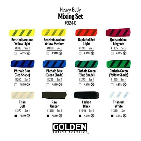 Heavy Body Acrylics by GOLDEN, Mixing Set, 12 Color, Professional Acrylic Paint