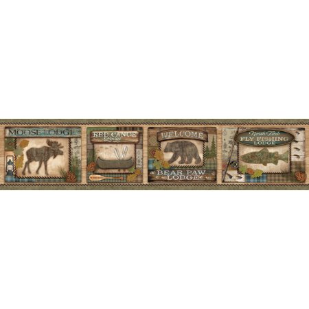 Brewster Bear - Brewster TLL01561B Tugalo Green Bear Paw Lodge Border Wallpaper