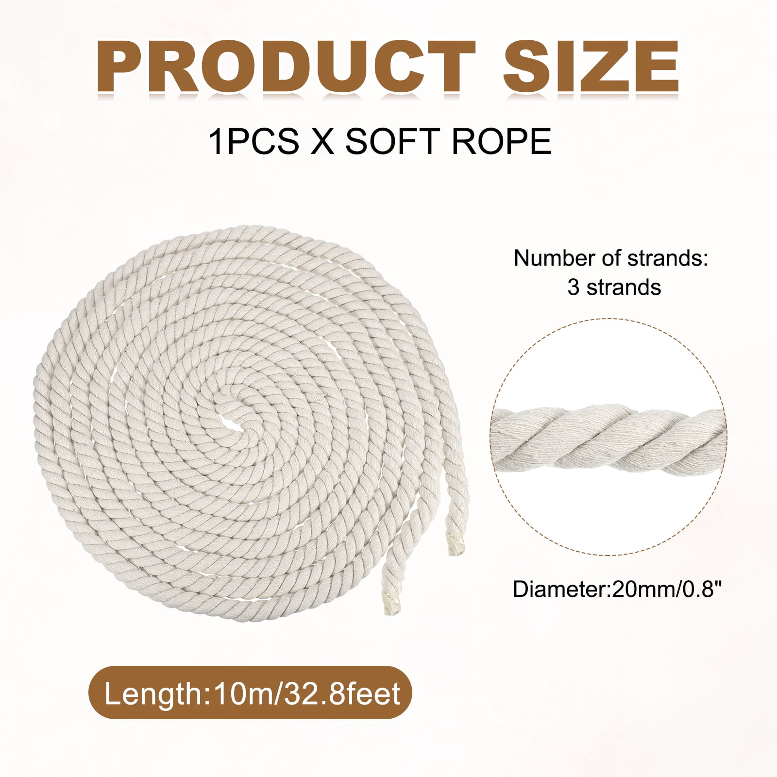 Uxcell 0.79" x 32.8 Feet White Cotton Rope 11 Strand for DIY Wall Hanging Knotting