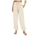 thumbnail image 1 of Pantalones de pijama de mujer de color liso, elásticos, con cintura elástica y efecto adelgazante - Ropa informal para casa con tejido arrugado y puños ajustables con cordón, 1 of 6