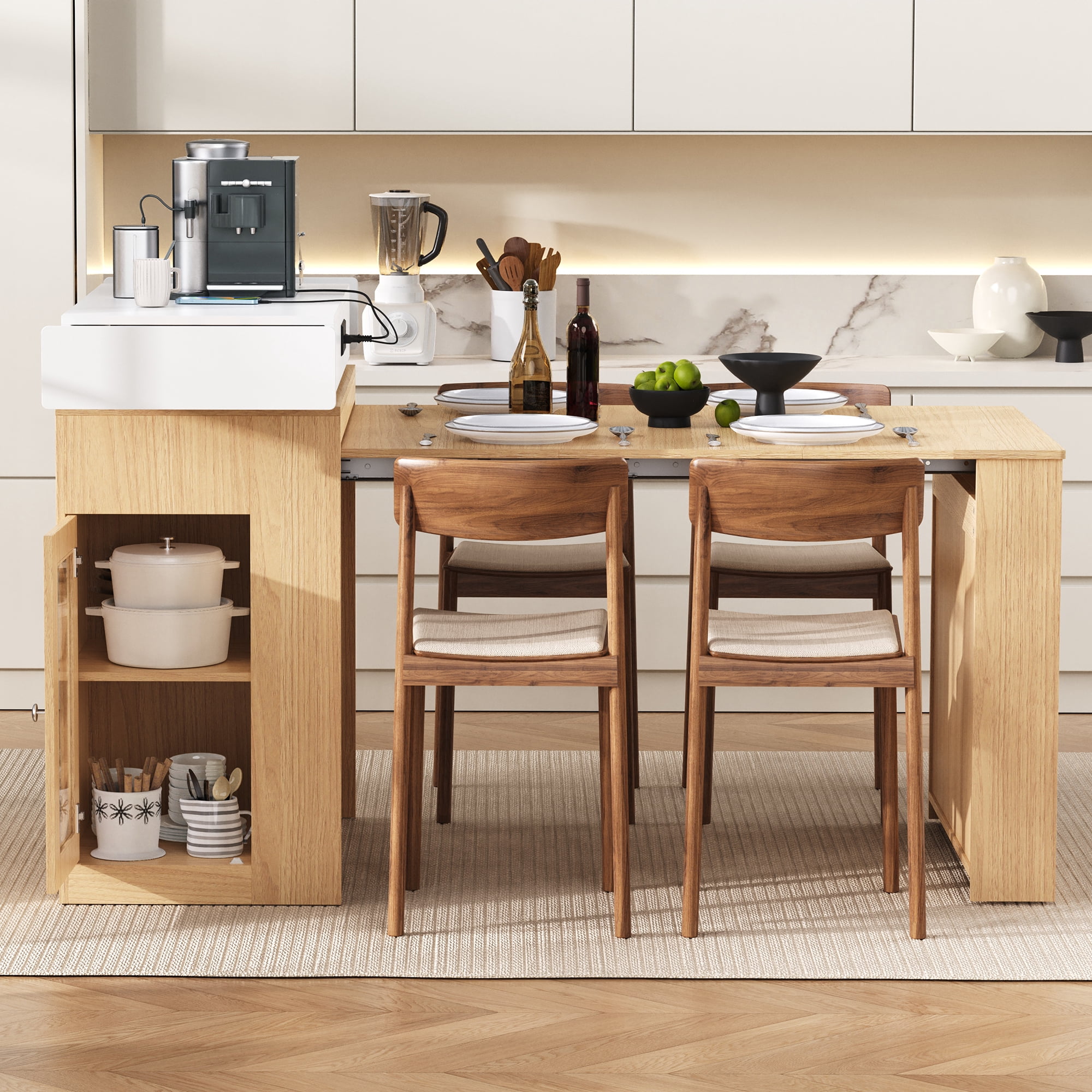 MODERNLUXE Extendable Dining Table with Folding Tabletop, Kitchen Island with Wheels,Hooks,Drawers and Power Outlet, Bar Table with Storage for Kitchen, Dining Room,Natural