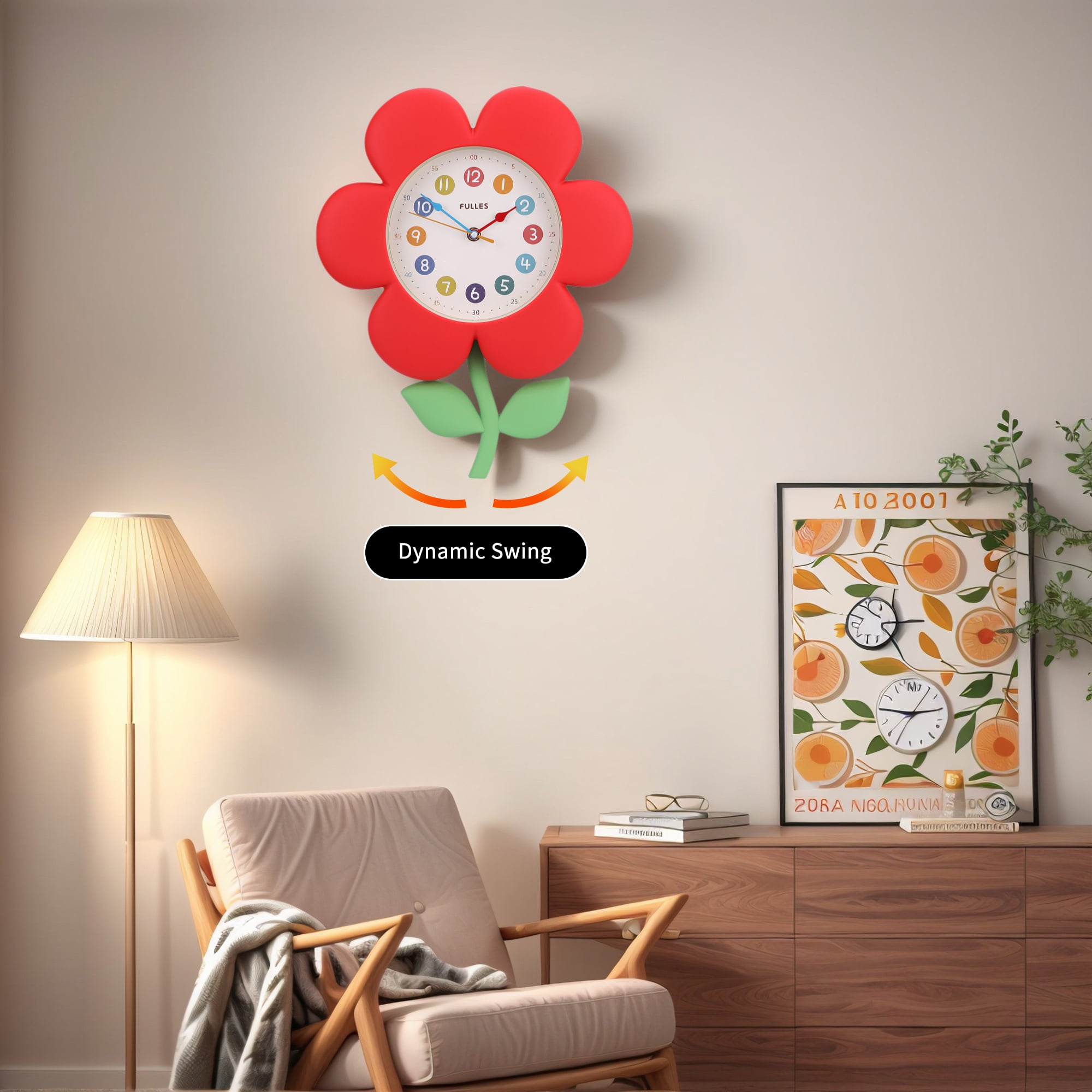 Unique Bargains 1pc Flower Design Colorful Numbers Wall Clock 15" x 12" x 2.8" Red