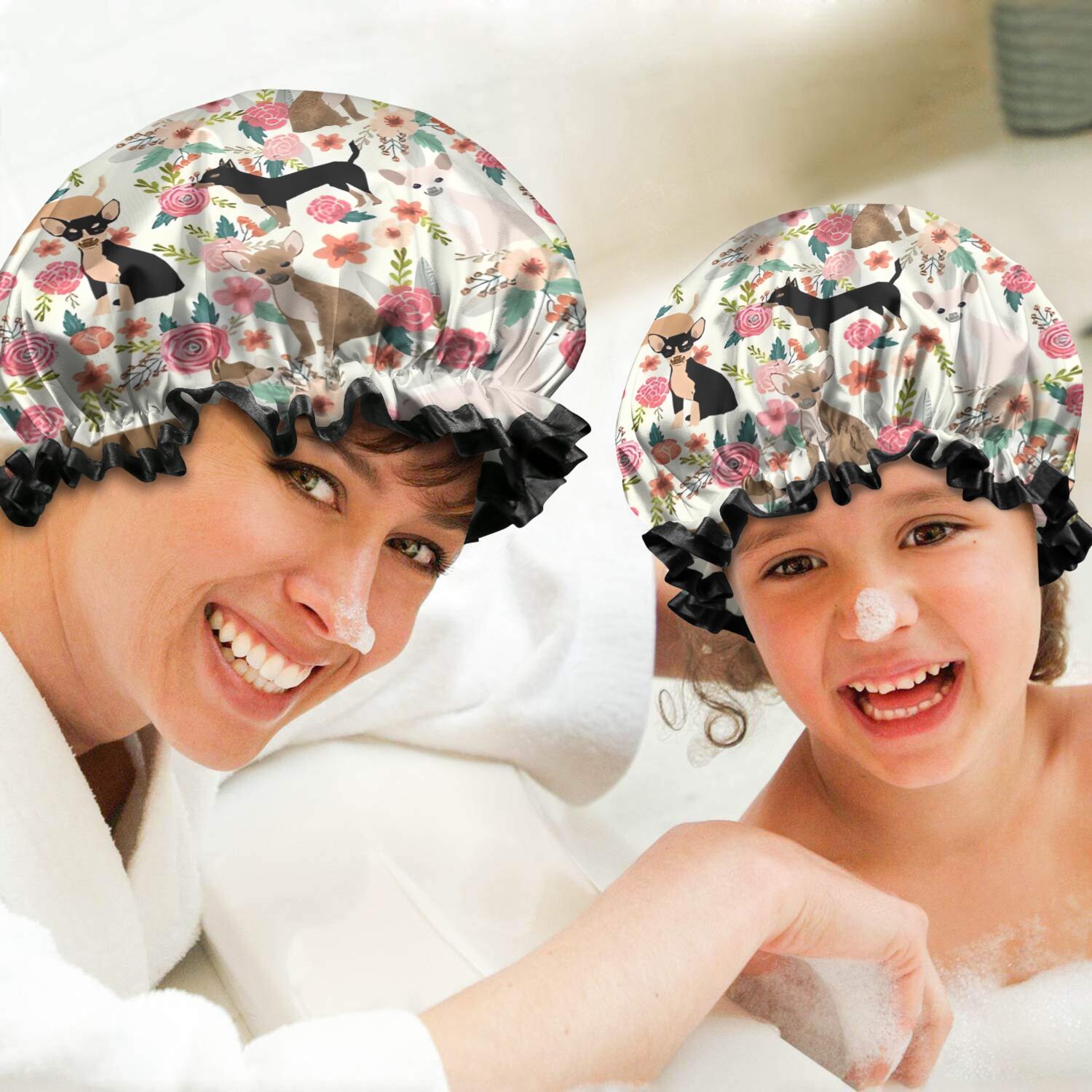 Shower Caps,Chihuahua and Pioneer Flower Waterproof Shower Cap for Women 4 Pieces,Double Reusable Hair Cover for Shower PEVA Elastic Stretch Hem