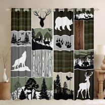 Homewish Wild Deer Bear Blackout Curtains Set of 2 (52x84 Each),Country Farmhouse Lodge Window Curtains,Green Gray Graid Curtains and Drapes For Boys Kids,Luxury Bedroom Decor