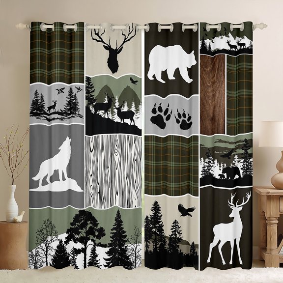 Homewish Wild Deer Bear Blackout Curtains Set of 2 (52x84 Each),Country Farmhouse Lodge Window Curtains,Green Gray Graid Curtains and Drapes For Boys Kids,Luxury Bedroom Decor