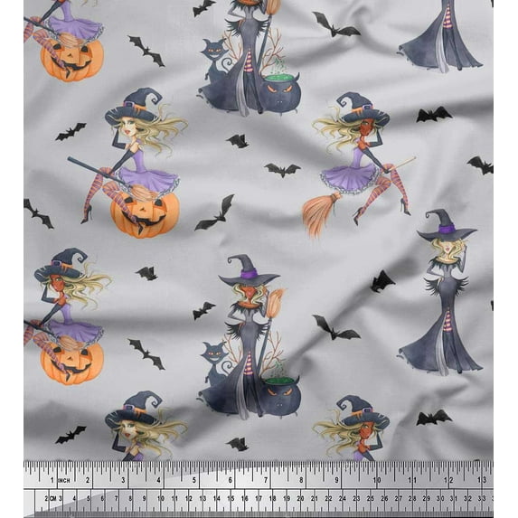 Soimoi Crepe Silk Fabric Magic Potion,Bat & Witch Halloween Fabric Prints by Yard 42 Inch Wide