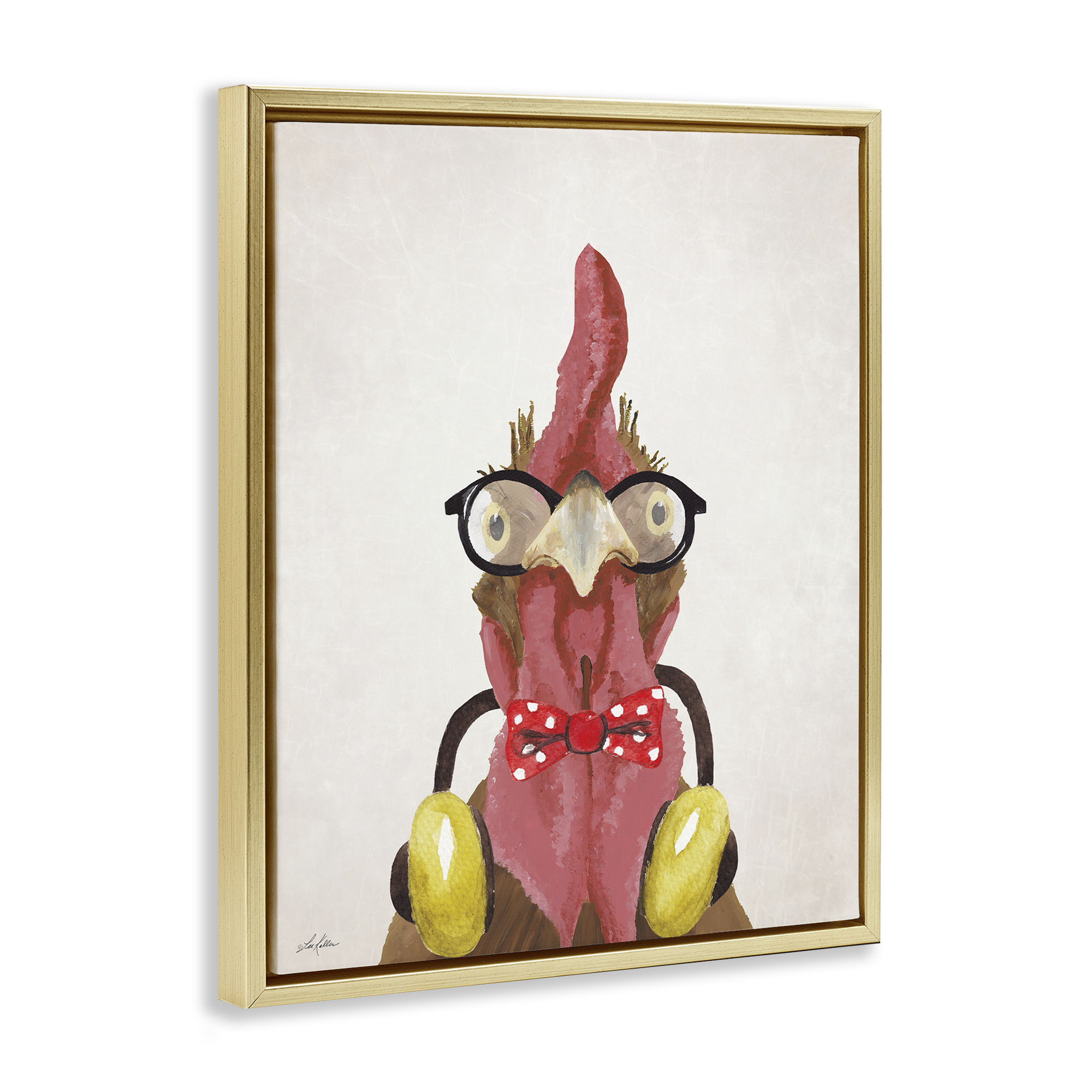 Stupell Industries Hipster Bird & Headphones Animals & Insects Painting Gold Floater Framed Canvas Art Print Wall Art, 25 x 31