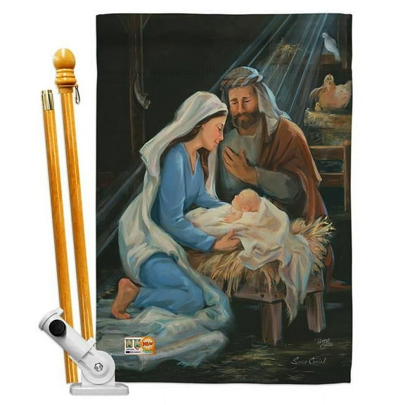 Breeze Decor BD-NT-HS-114090-IP-BO-D-US12-SB 28 x 40 in. Nativity Winter Impressions Decorative Vertical Double Sided House Flag Set & Pole Bracket Hardware