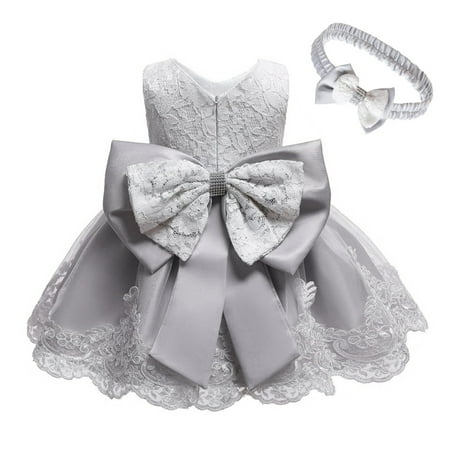

Baby Dress Sequins Bowknot Flower Girl Dresses Lace Pageant Party Wedding Tutu Gown with Flower Crown Wreath Headband