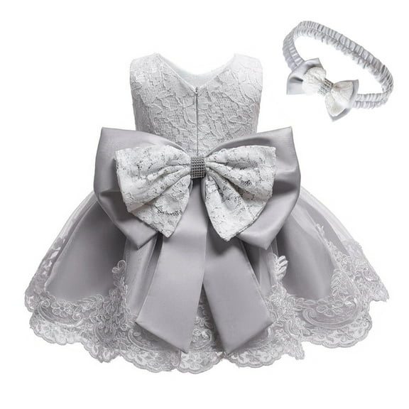 LoyisViDion Baby Girls Dress Clearance Baby Girls Lace Bowknot Princess Wedding formal Tutu Dress Headband Set Clothes Gray 12-18 Months