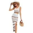 thumbnail image 6 of Summer Square Collar Striped Hollow Suit Short Vest Slit Long Skirt For Women, 6 of 6